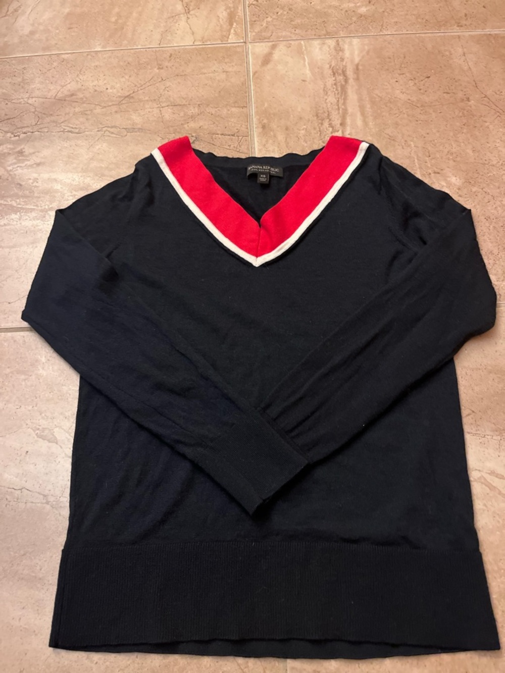 Banana Republic Navy V-Neck Sweater with Red and White Trim